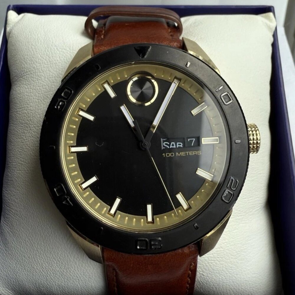 Movado Bold Day-Date Gold and Black cognac leather band